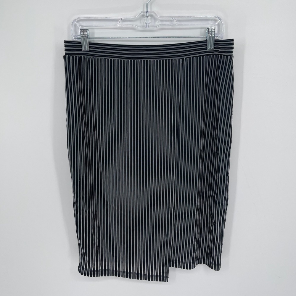 Attention Women's Black Striped Faux Wrap Stretch Pull On Pencil Skirt Size L